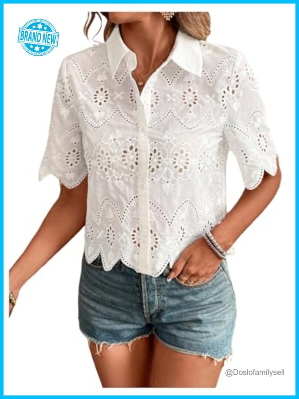 SweatyRocks Women's Eyelet Button Down Short Sleeve Crop Blouse